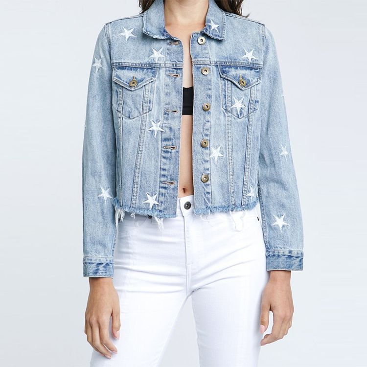 Classic Fit Star Embroidery Womens Distressed Crop Denim Jacket