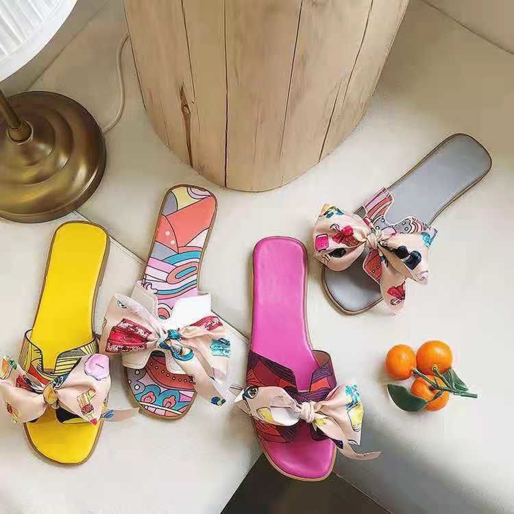 Color Ribbon Bow Flat Heel Flat Slippers Female Style All-Match Floral Flip-Flops