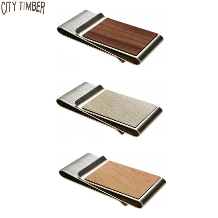 Creative Design Double Sides Stainless Steel Card Holder Wood Money Clip