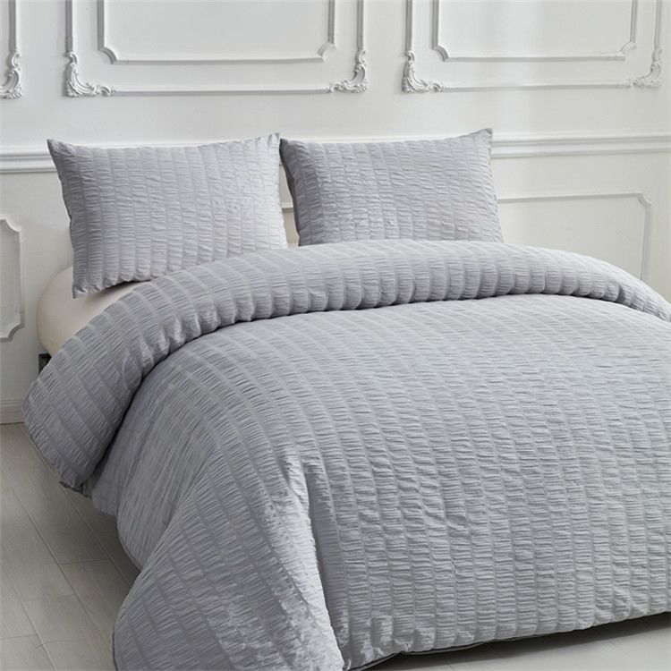 Crinkle Seersucker Fabric Bedding Set King Size Gray Quilt Cover Pillow Set 3-Piece
