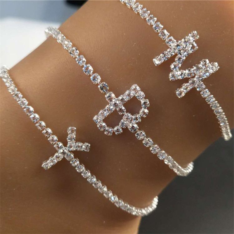 Crystal Initial Letter Cuban Link Anklets Foot Jewelry Rhinestone A-Z 26 Alphabet Ankle Bracelet for Women