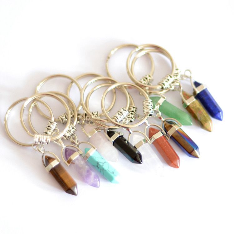 Crystal Key Chains Hexagonal Column Natural Stone Key Rings Tiger Eye Keychains Promotional Gifts