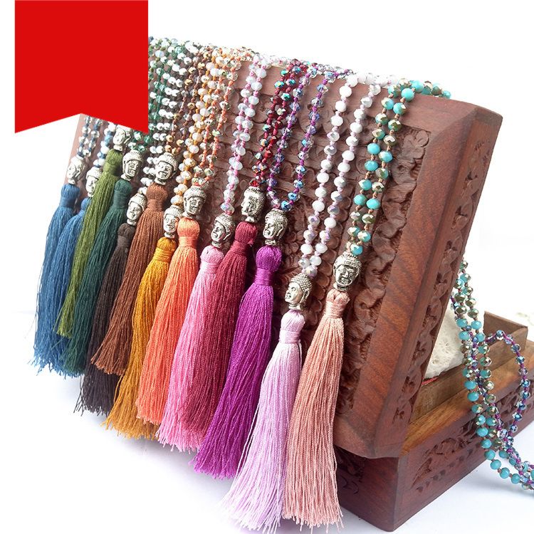Crystal Knot Tassel Necklace Hand Woven Long Sweater Chain Buddha Head Pendant Women's Necklace