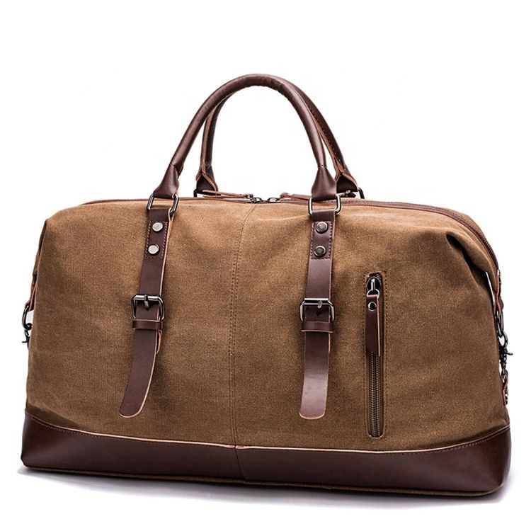 Customization Tote Travel Bag Vintage Canvas Pu Leather Trim Shoulder Mens Weekend Travel Duffel Bags