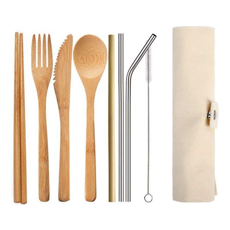 Customized Logo Portable Outdoor Travel Tableware Straw Utensils Eco Friendly Cutlery Set Bamboo