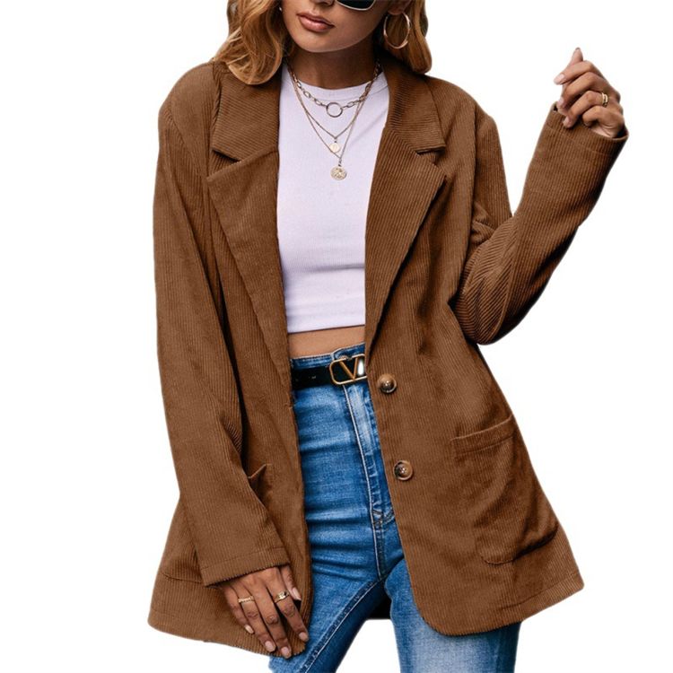 D14032 Autumn and Style Casual Solid Color Lapel Long Sleeve Suit Jacket Ladies Corduroy Coat