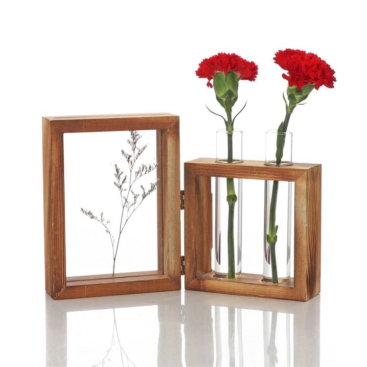 Desktop Glass Planter Diy Test Tube Vase with 4*6" Picture Frame,Glass Terrariumin Wooden Stand for Display Hydroponics Plants