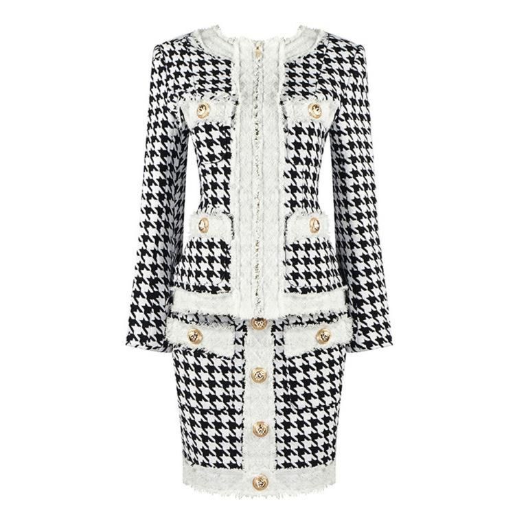 Dropshipping Tweed Houndstooth Two Piece Jacket Short Skirt Set for Women,Women Two Piece Jacket Short