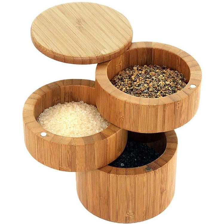 Eco-Friendly Kitchen Products Bamboo Wood Triple Salt Spices Storage Container Box with Magnetic Swivel Lids