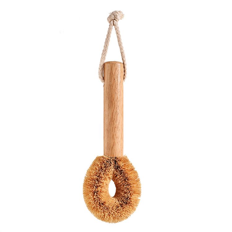 Eco Friendly Kitchen Pans Dishes Cleaning Brushes Natural Coconut Brown Hang Rope Pot Brush with Wood Handle