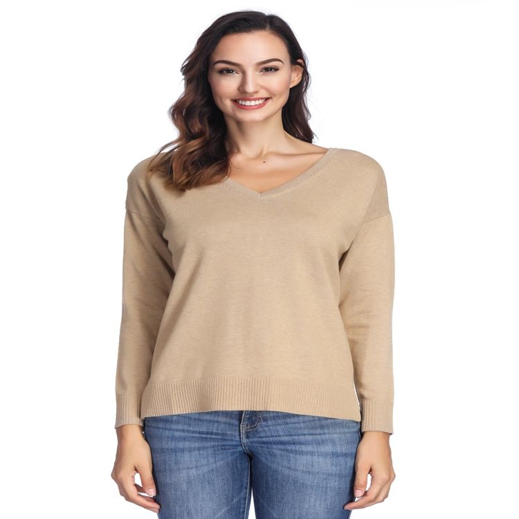 Fashionable Khaki Black Blue Cotton Soft Solid Women Pullover Sweater