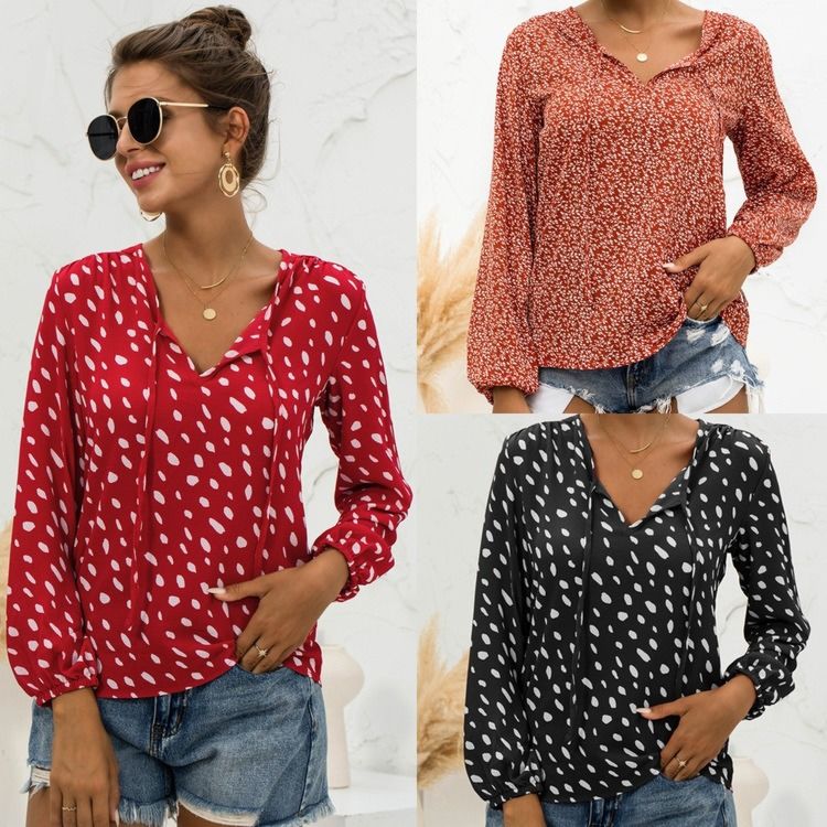 Female 2021Streewear Oversized Xl Tops Blusa V Neck Long Lantern Sleeve Blouse Casual Women Printing Loose Elegant Shirts