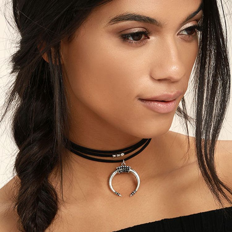 Halloween Party Women Accessories Black Suede Velvet Leather Ribbon Band Necklace Horn Crescent Moon Choker Necklace