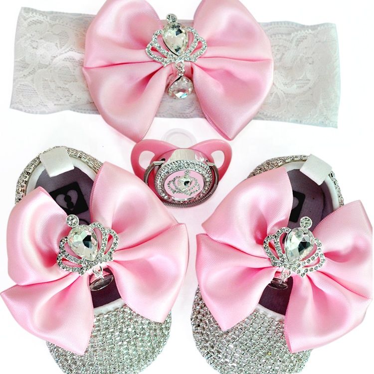 Pink Ribbon baby prewalker shoes crystal bling shoes pacifier