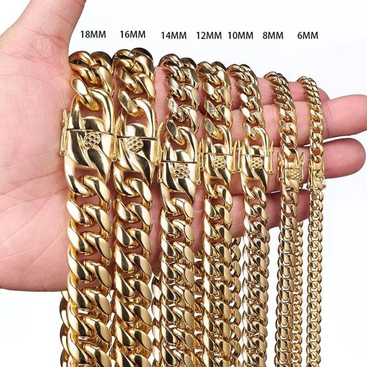 Heavy Men's Hip Hop Choker 14K Yellow Gold Stainless Steel Miami Cuban Link Chain
