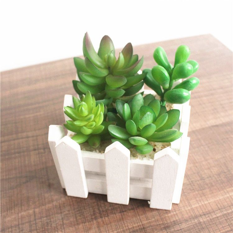 Hotsale Indoor Decoration Desk Plant Artificial Succulents Plant with Wood Fence Base for Home Office Decoration