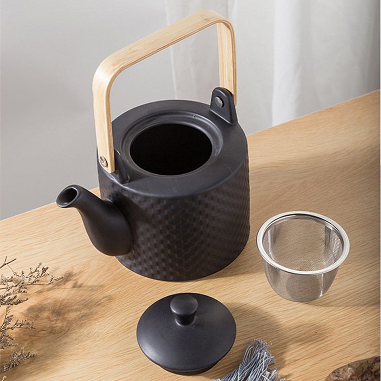 Household Drinkware Stainless Steel Infuser White Black Porcelain Teapot with Wood Handle
