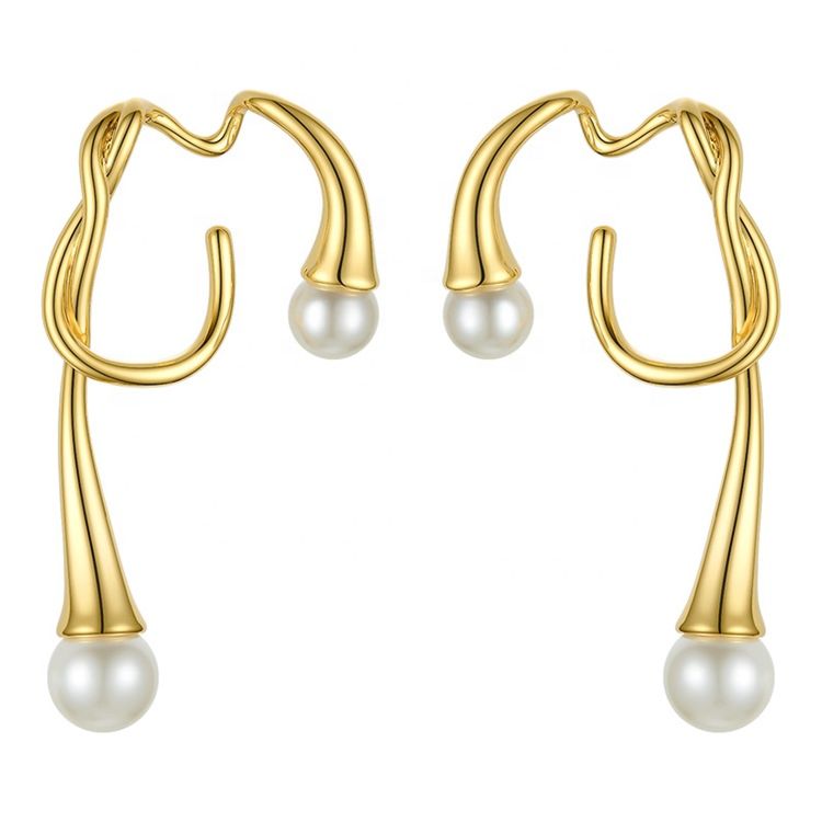 Jewelry Gold Color Irregular Knot Double Pearl Ear Clip Environmental Brass Earrings Lasting Color Retention E201148