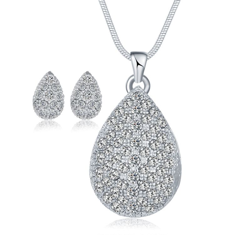 Jhzs0063 Luxury Rhinestone Paved Teardrop Pendant Necklace Earring Set Shiny Crystal Inlaid Waterdrop Pendant Jewelry Set