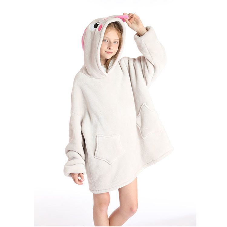Kids Design Animal Rabbit Oversized Grey Sherpa Sweatshirt Wearable Hooded Blankets Hoodie Blanket