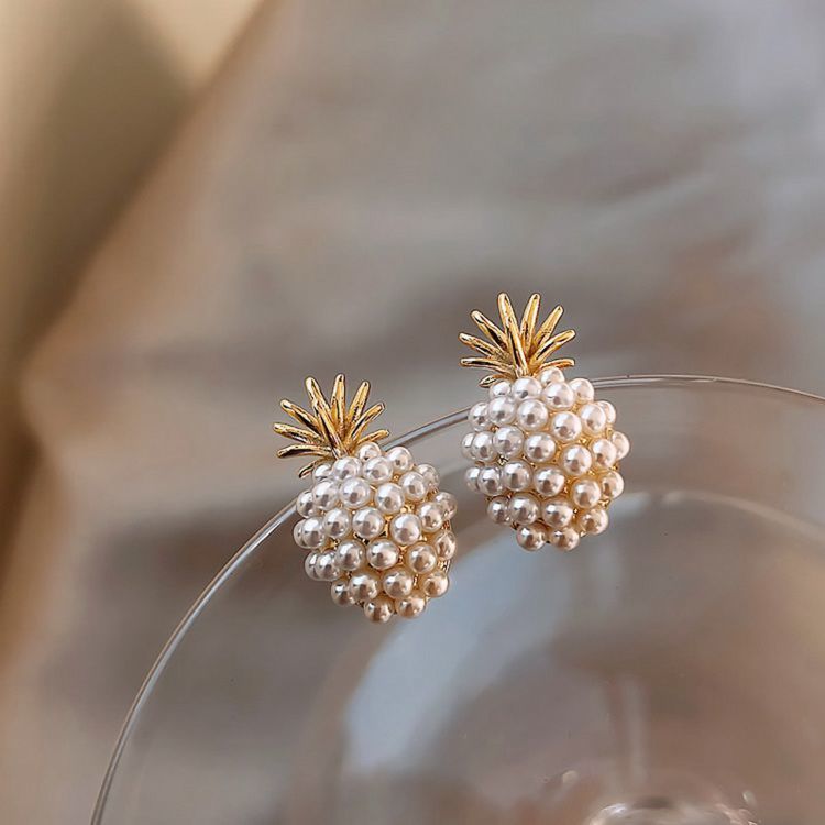 Korea Style Lady Party Wedding Gift Pineapple Pearl Sliver 925 Stud Earrings for Women