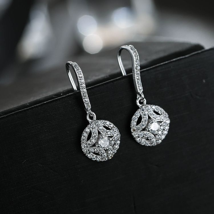 Korean Style S925 Hollow Diamond Cz Hook Earrings 925 Sterling Silver round Cubic Zircon Drop Earrings for Wedding