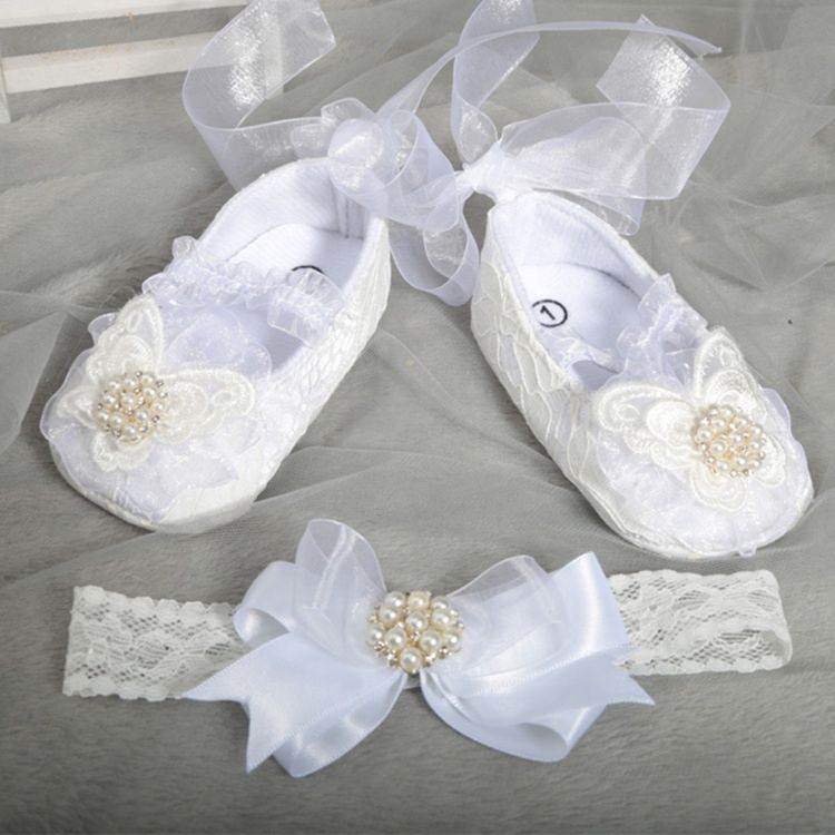 Latest Fancy Lace Soft Sole White Baptism Christening Shoe with Headband Set for Newborn Baby Girls