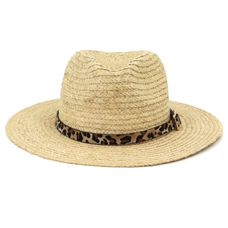 Leisure Men Women Sun Leopard Belt Decoration Panama Jazz Hat Handmade Natural Raffia Grass Straw Fedoras Hat