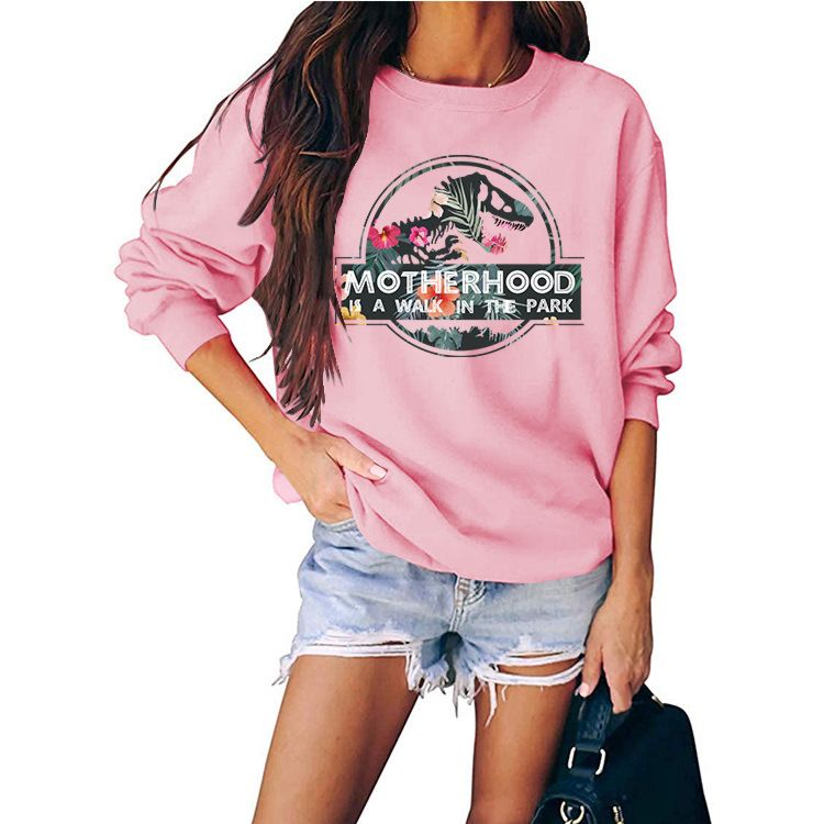 Letter Print Crewneck Sweatshirt Fall Dinosaur Head Graphic Women Hoodies Pullover Clothes