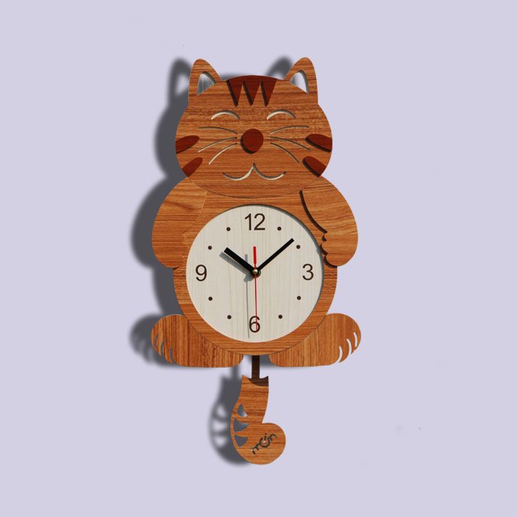 Lovely Wooden Modern Tail Wagging Wall Clock Cartoon Children Wall Clock Cat Swings Wall Clock