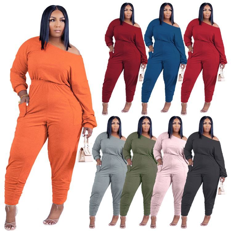 Lowest Price Solid Color off Shoulder Loose One Piece Jumpsuits Fall Jumpsuits Long Sleeve Jumpsuit for Women