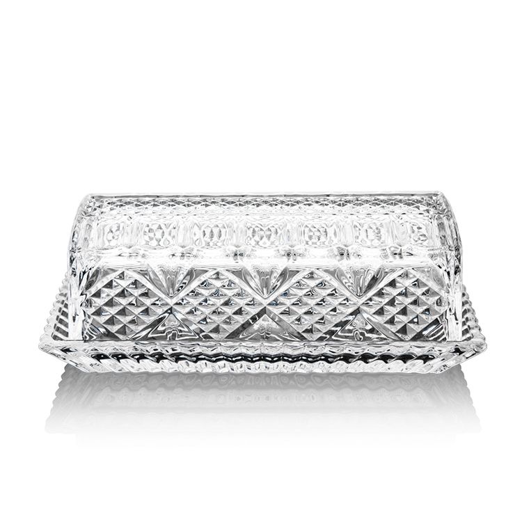 Luxury Embossed Designs Glass Butter Dish with Lid Butter Jar Gift Box Small Moq