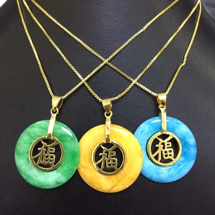 Luxury Jewelry Peace Buckle Pendant Colorful Jade round Pendant Peace Sign Charms Necklace Women Charm