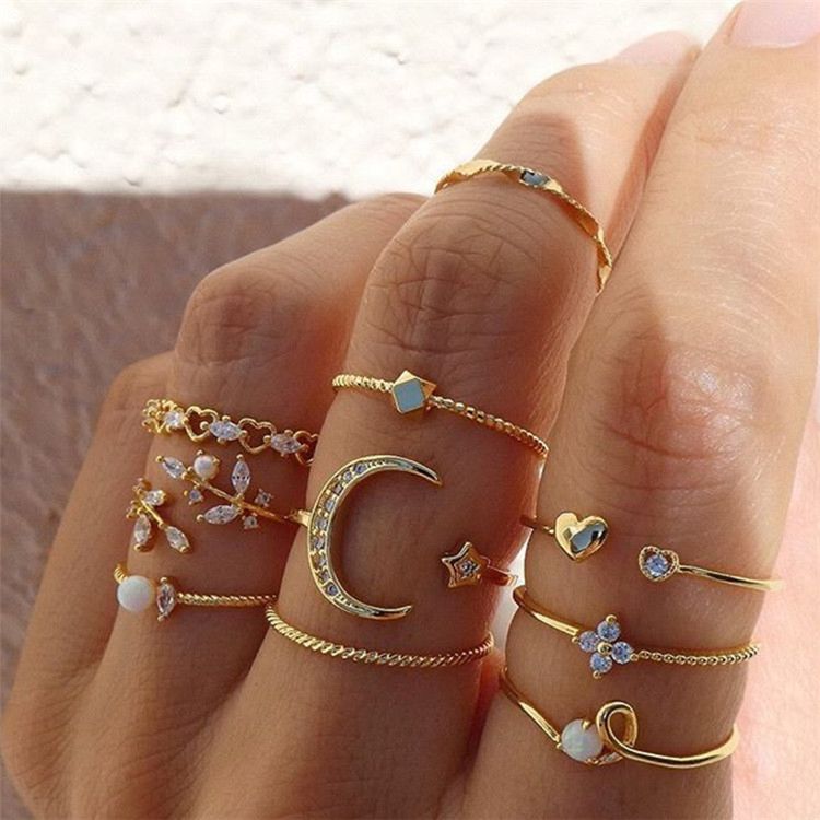 Moon Stars 10 Piece Set Gold Plating Ring Set Rings Jewelry Women