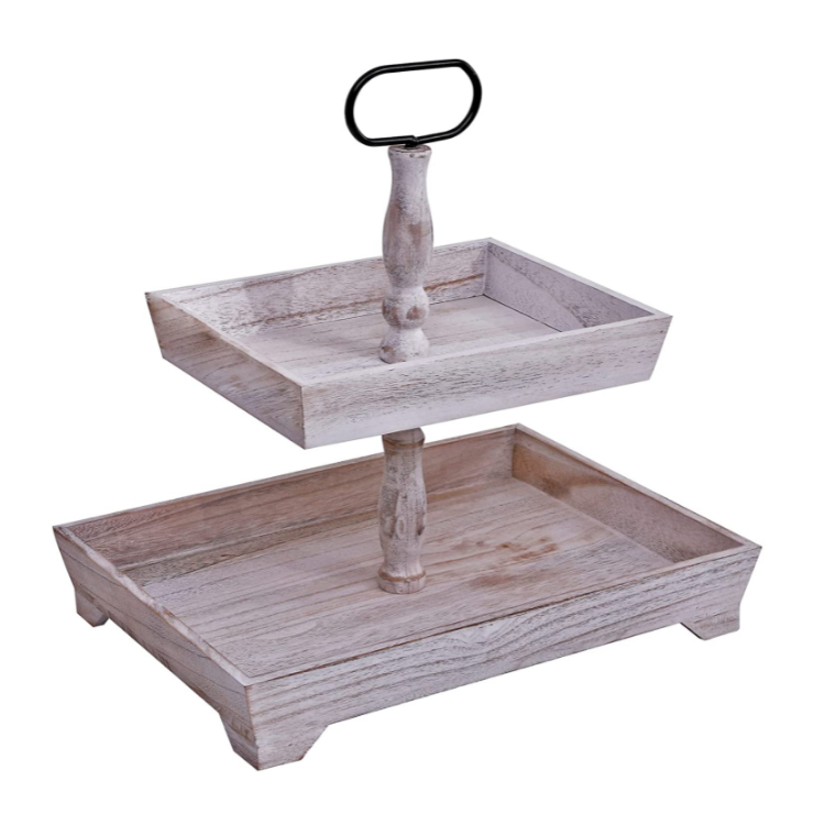 Multifunction Rustic Wooden Vintage 2 Tier Tray with round Metal Handle Allows