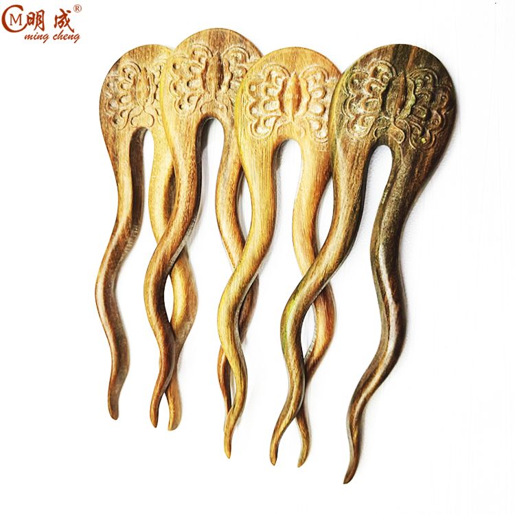 Natural Green Sandalwood Wood Carving Flowers and Trees Carving Ornaments 2 Fork Hairpin Plate Hair Hairpin,Hair Chopsticks