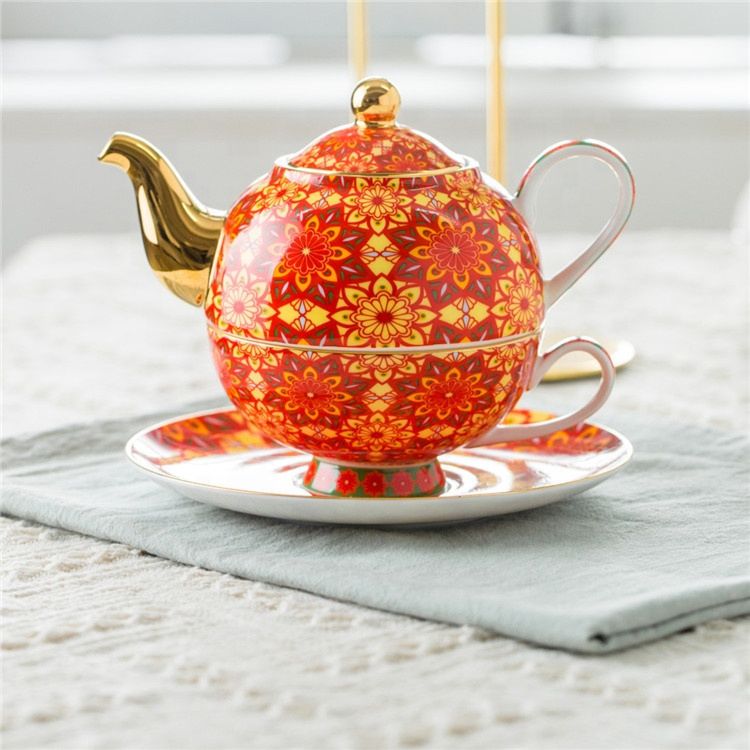 Nordic Style Teapot Cup Saucer Set Red Color Decal Design Gold Rim Handle Ceramic Bone Tea for One Set