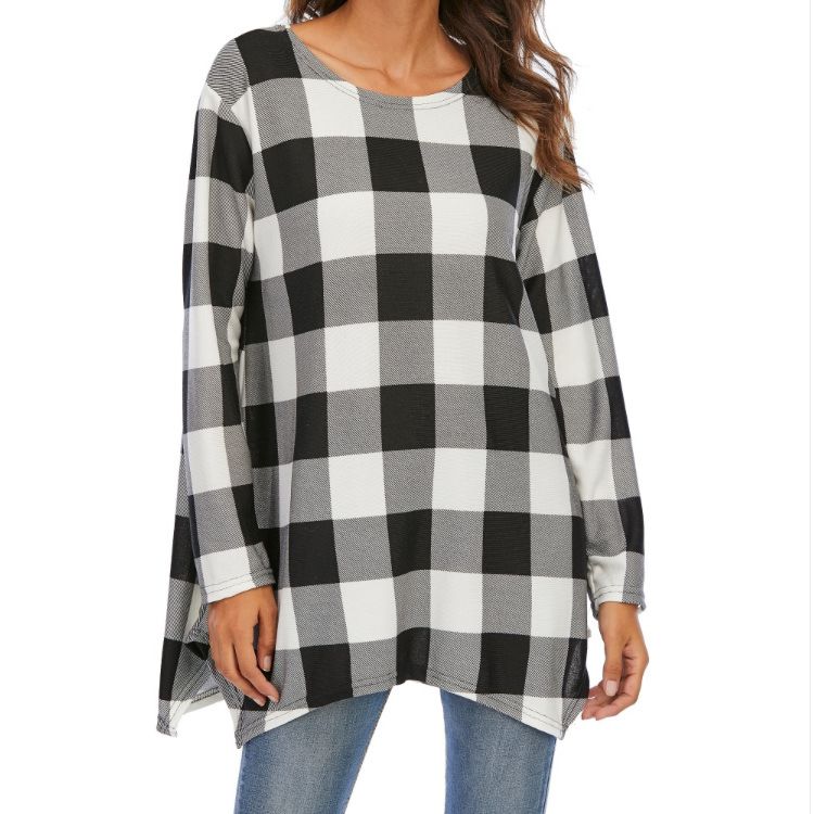 Qdh Daily Clothes Simple Style Clothes Classic Grid Shirt Long Sleeve Irregular Blouse for Ladies