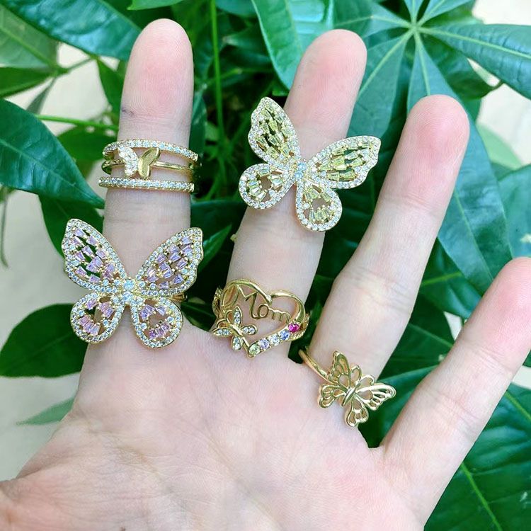 CZ diamond Pave Colored Butterfly Rings