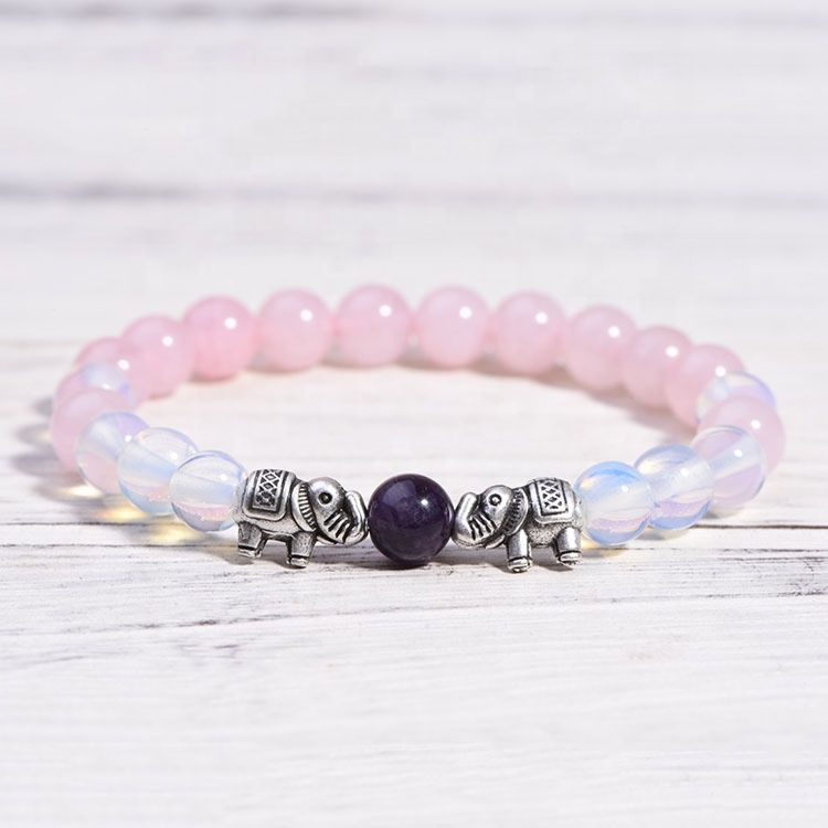 Rose Quartz Natural Stone Beaded Pink Crystal Bracelet Elephant Charm Bracelet for Women