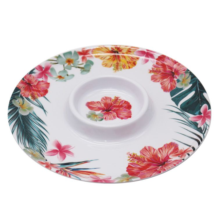 round Party Restaurant Serving Luxury Flower Style Melamine Serving Plate Set round Chip and Dip Tray Snacks Platter