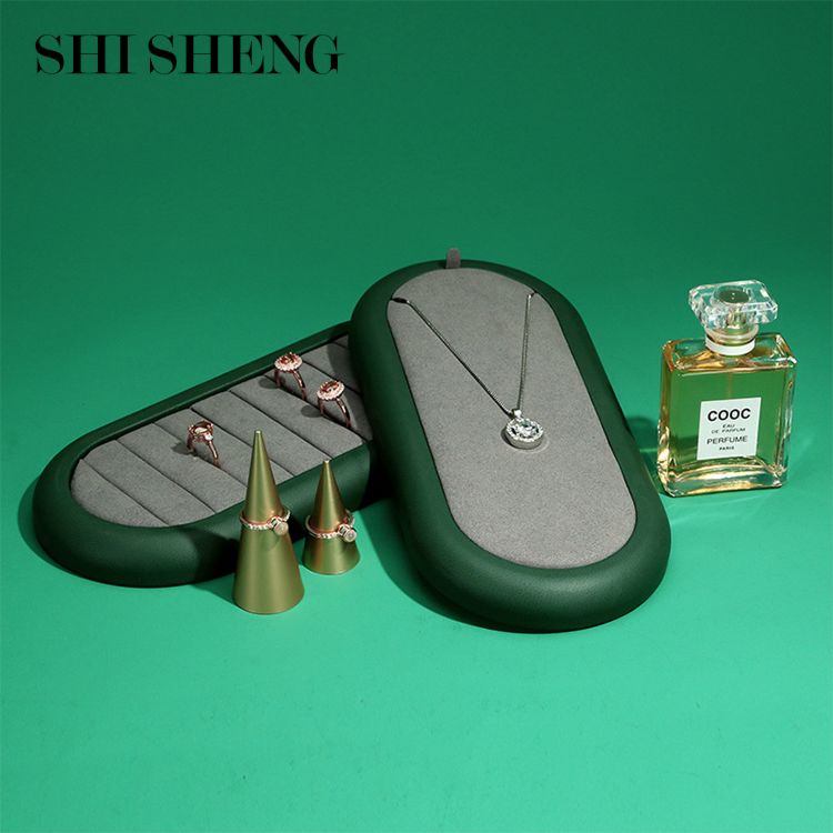 Shi Sheng Luxury Mircrofiber Leather Green Blue Oval Necklace Display Earrings Ring Dish Tray for Windows
