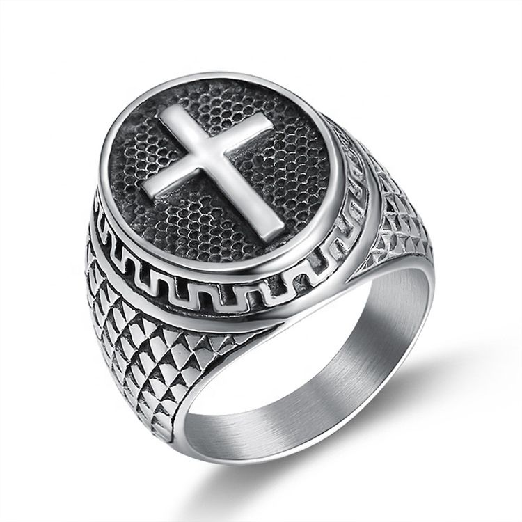 Silver Ring Antique Stainless Steel Finger Rings Men Prayer Cross Rings for Men