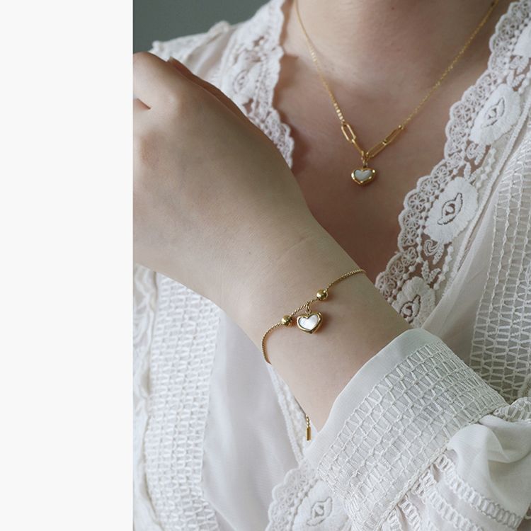 Stainless Steel 18K Gold Jewelry Woman Shell Fresh Water Pearl Bracelet Set Heart Adjustable Pendant Chain Necklace for Girls