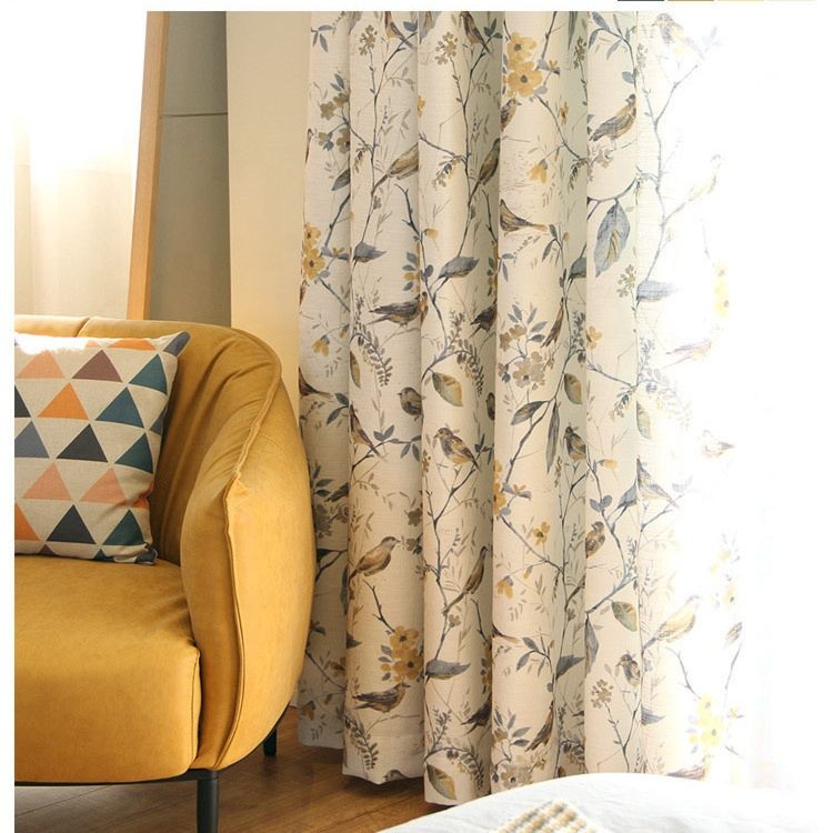 Stock Available Classic Cotton Linen Print Bird Designs White Color Ready Made Curtain for Living Room