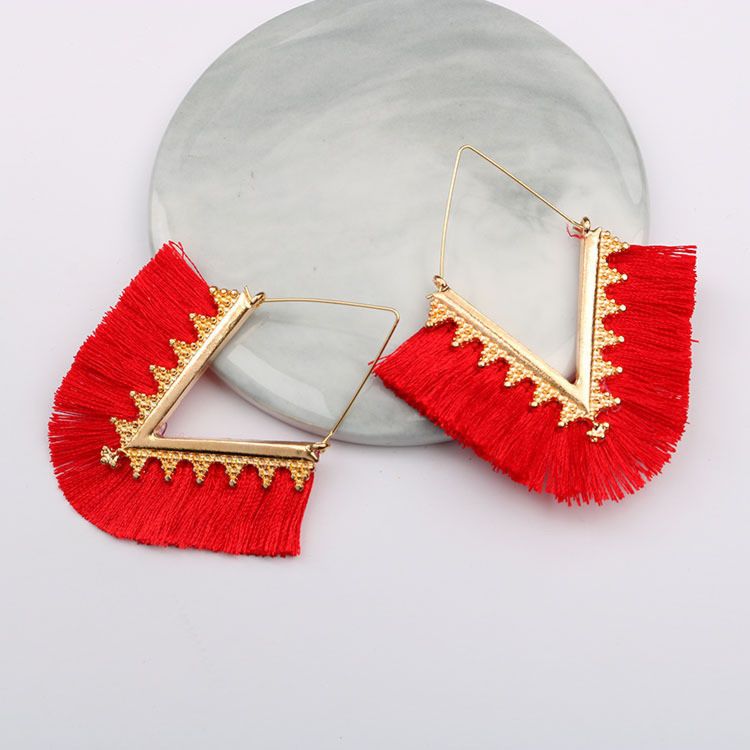 Style Alloy Geometric V-Shaped Color Flower Vintage Women Spring Female Boho Tassel Hoop Earrings
