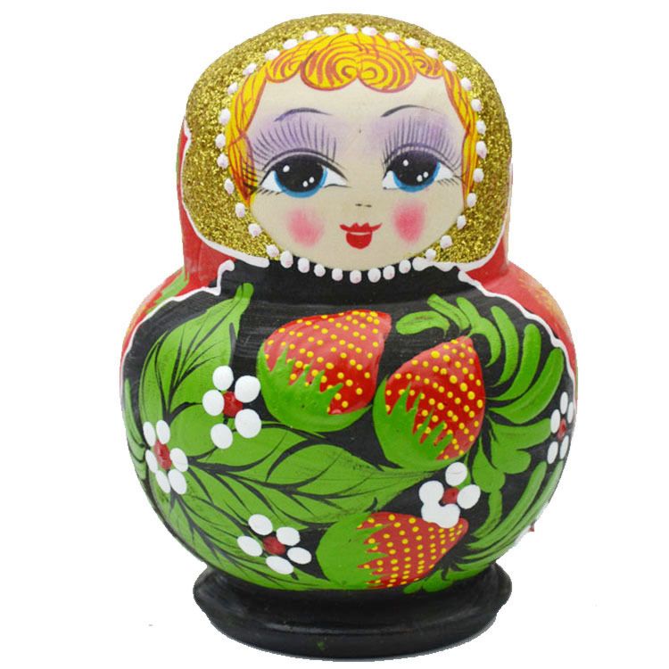 Style Russian Doll with 10 Layers Strawberry Relief in Black and Red