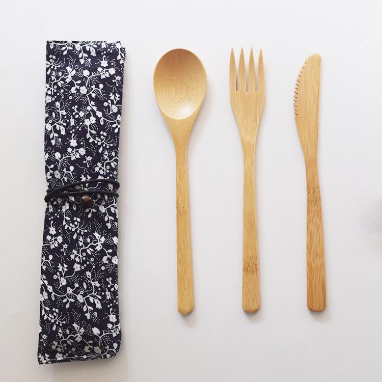 Sustainable Bamboo Eco Organic Travel with Carrying Pouch Spoon Knife Fork Cutlery Set