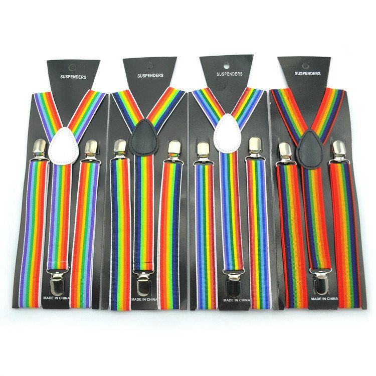 Unisex Clip-On Elastic Braces Seven Color Stripe Pattern Y-Back Lgbt Rainbow Suspenders