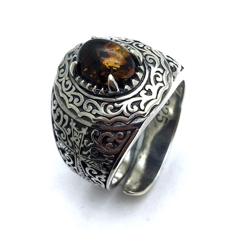 Vintage Amber with 925 Adjustable Sterling Silver Rings for Womens